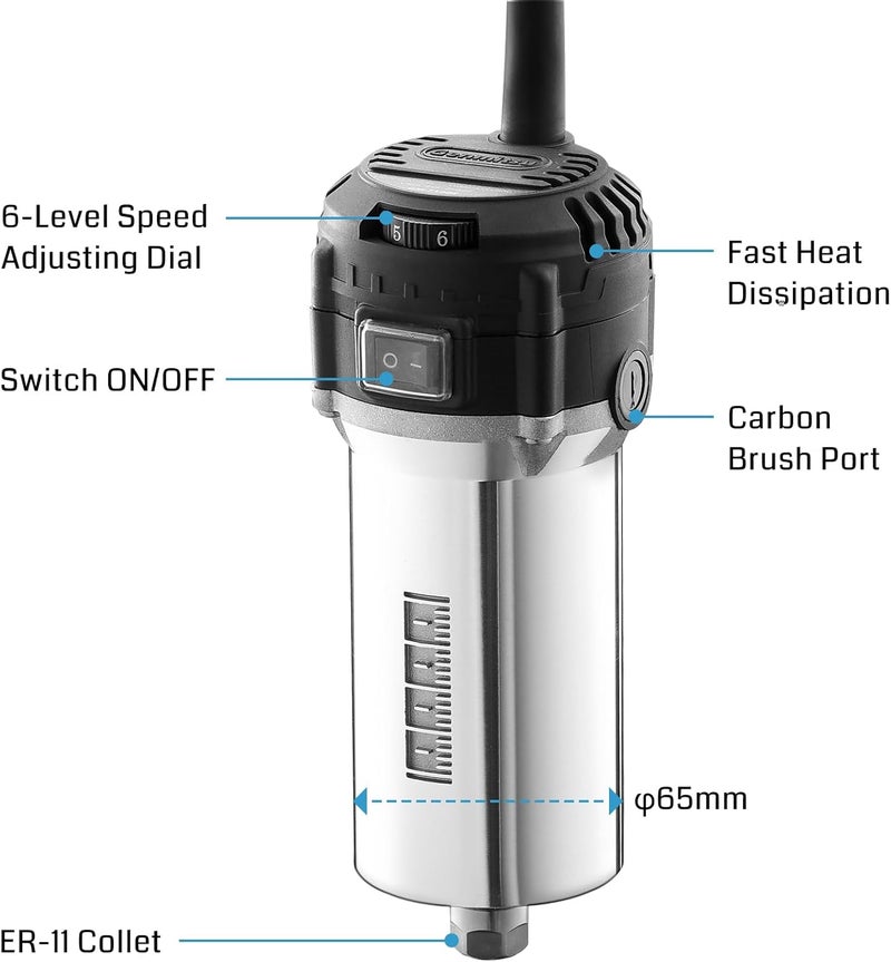 Genmitsu جهاز توجيه مدمج 710 واط بقطر 65 مم، 6 سرعات متغيرة لجهاز التوجيه باليد، مع قلاووظ ER11 و 4 فرش كربونية، ترقية محرك المغزل لآلات CNC - Image 5